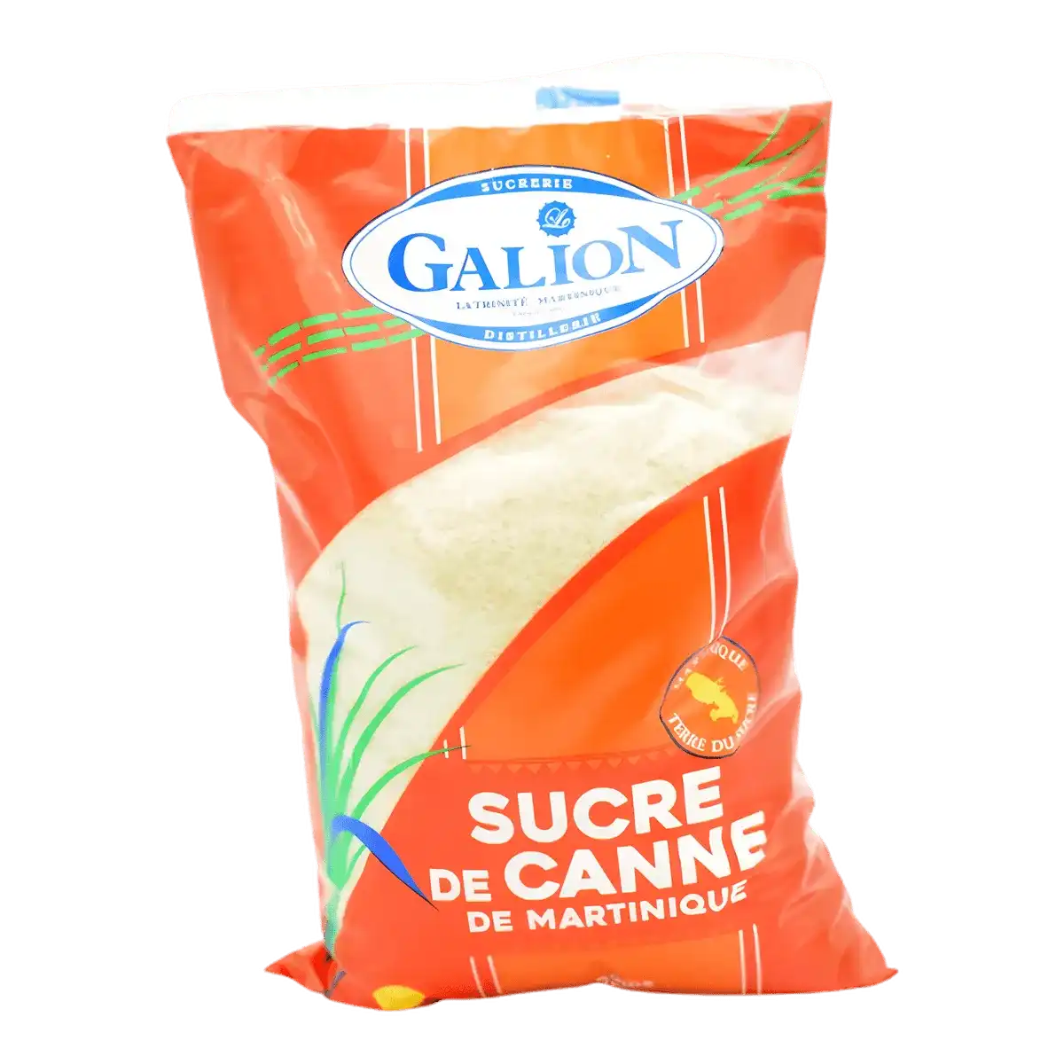 Sucre de canne LE GALION non raffiné en sachet rouge, produit martiniquais au goût caramélisé, idéal pour l'épicerie sucrée.